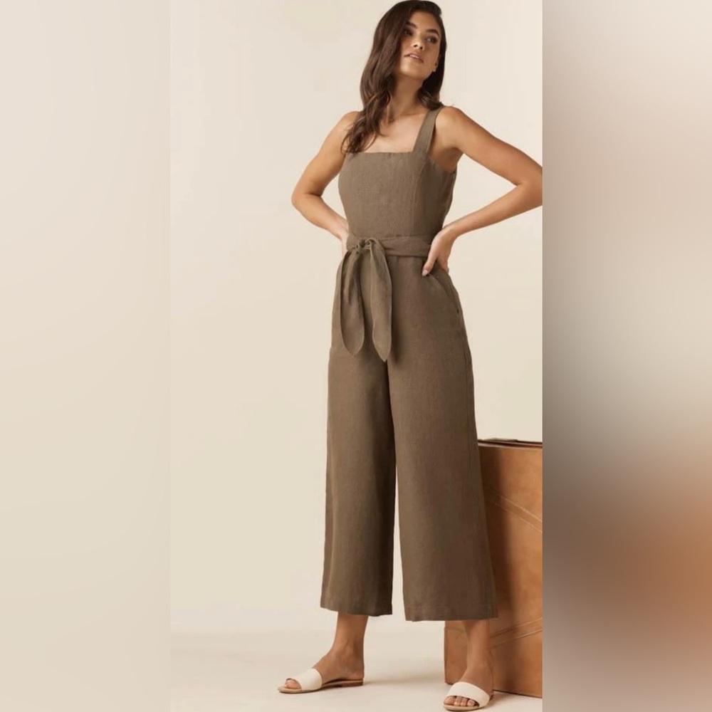 Vetta | Linen Two Piece Apron Jumpsuit in Dusty Green Size 10